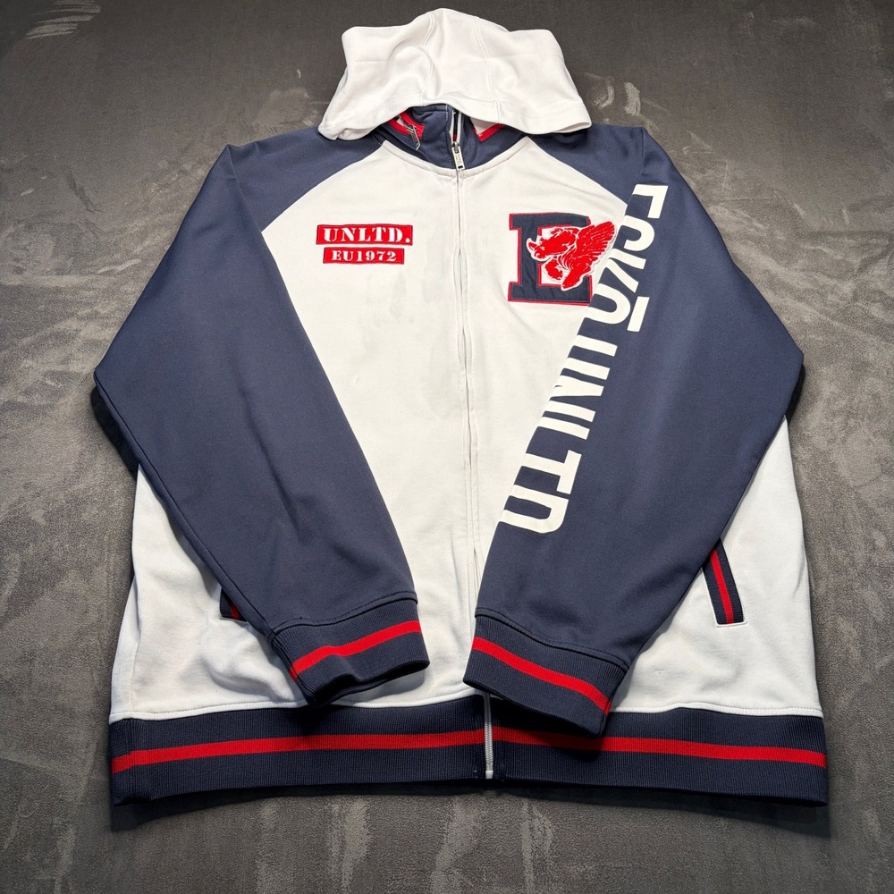Ecko Unltd Track Jacket Men Sz XL White Navy Rhino Patches Hooded Y2K Streetwear